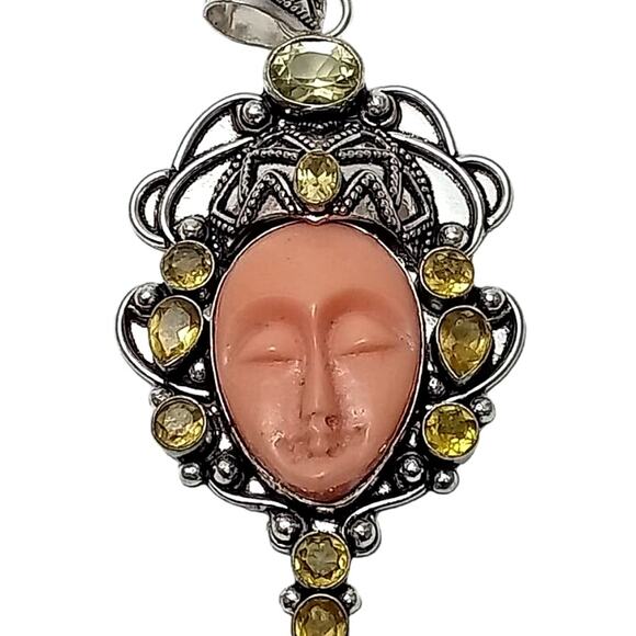 Sterling Silver Bali Goddess Pendant with Pink Carved Face and Citrine Gems - Picture 1 of 9